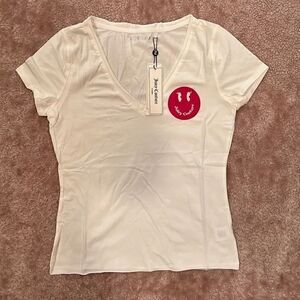 22. NWT Juicy Couture Smiley Face Emoji Cotton Modal V-Neck Tee White Women's S